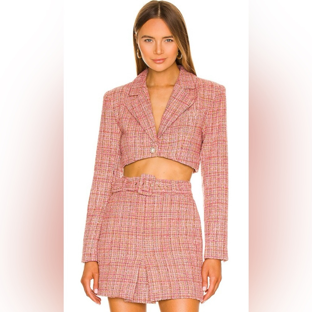 Lovers + Friends REVOLVE Amira Notched Front Tweed Mini Skirt Belt Pink Size XS
